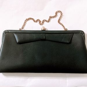VINTAGE Black Vegan Leather Clutch Purse With Front Bow Detail+Gold Hidden Chain